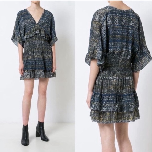IRO Tulsa Printed Silk Tiered Mini Dress Snake Print Smocked Ruffle - Picture 1 of 11